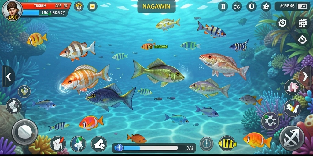 Gameplay NAGAWIN dengan aksi menembak ikan yang seru.