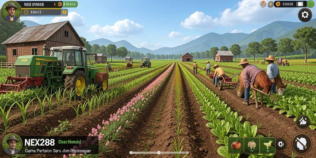 Screenshot menunjukkan tampilan ladang hijau dalam gameplay <strong>NEX288</strong>.