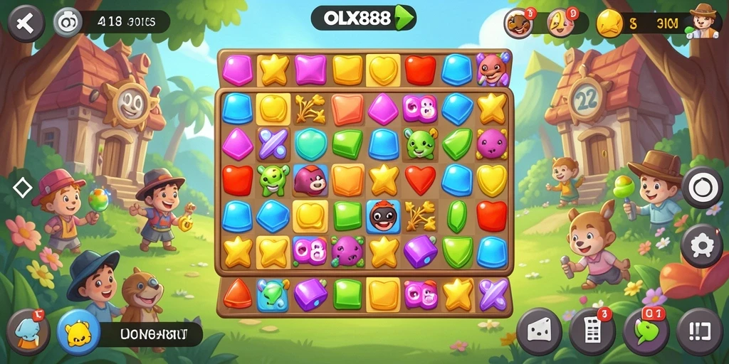 Gameplay seru OLX888 dengan puzzle Match-3 yang menantang.